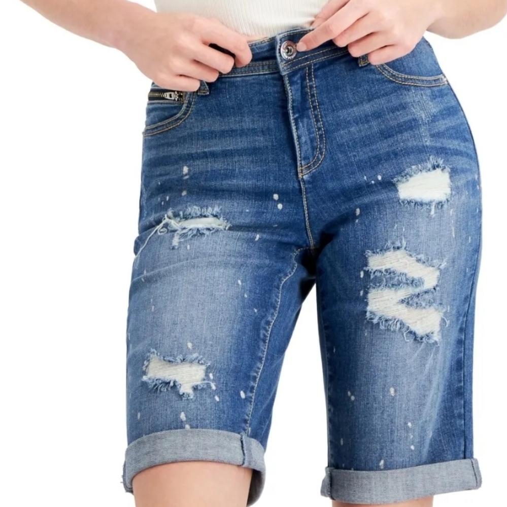 I.N.C. | Women's Mid-Rise Ripped Denim Bermuda Shorts Blue | Size 6/28